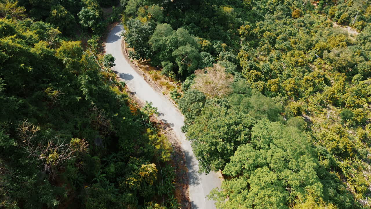 Winding road through lush greenery in Tay Ninh, South Vietnam, captured from above