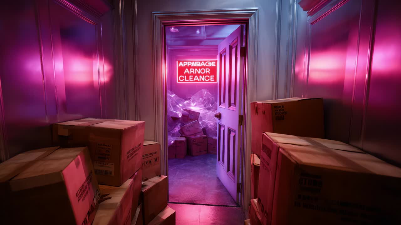 A Mysterious Doorway Emitting Pink Neon Light Reveals an Enigmatic Space Full of Boxes and Crumpled Material, Engaging the Viewer’s Curiosity About What Lies Beyond in This Unique Ambiance