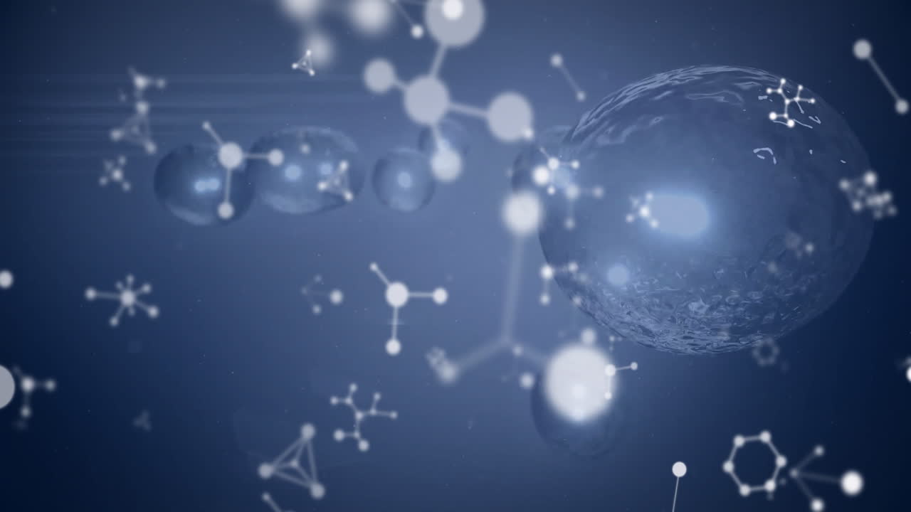 Floating molecular structures and particles in blue scientific animation background