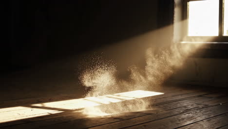 sunlight shining through window, dust motes dancing on wooden floor