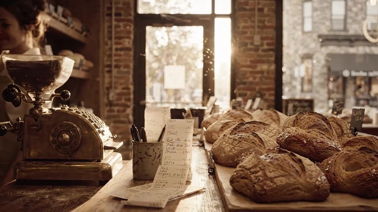 Una calda scena di panetteria artigianale al tramonto, con pane appena sfornato e un'atmosfera accogliente, catturata in due inquadrature distinte di un'accogliente panetteria.