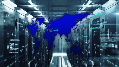 animation of computer language and map over connected dots on data server racks