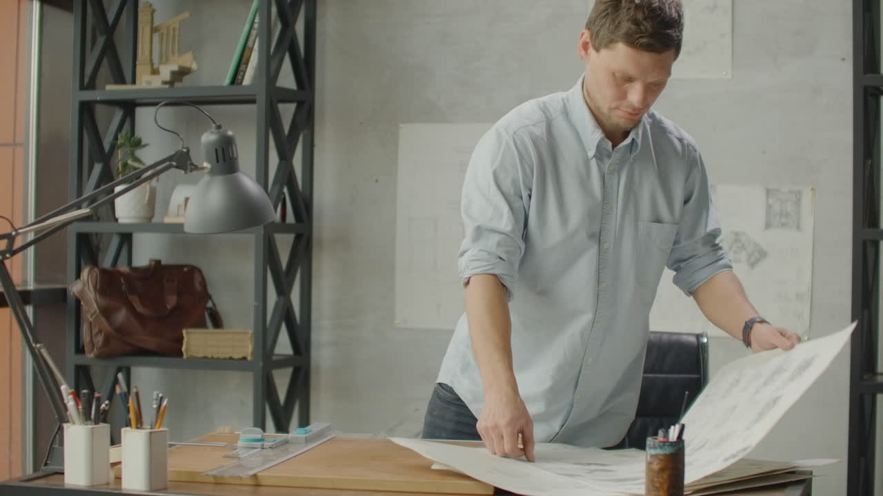 Engenheiro trabalha em um escritório iluminado com uma grande janela, concentrando-se e desenhando plantas. Local de trabalho de um arquiteto ou designer: interior minimalista estilo loft, desenhos e café na mesa.