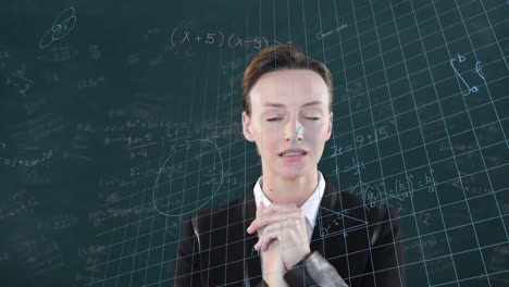 animation of mathematical equations over nervous caucasian female businesswoman rubbing hands