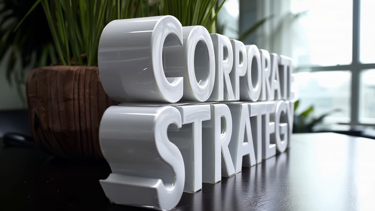 Valkoiset kirjaimet muodostavat sanat ”corporate strategy”. Ne lepäävät tummalla, heijastavalla pinnalla. Takana on vihreitä kasveja pehmeällä tarkennuksella. Kohtaus viestii suunnittelua ja liiketoiminnan suuntaa.