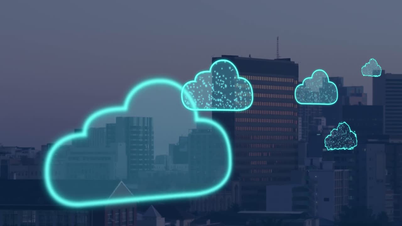 Animation of digital clouds flying over cityscape