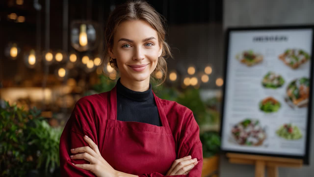 A confident woman in a restaurant setting wearing an apron, smiling at the camera while showcasing her culinary skills and professionalism against a menu background