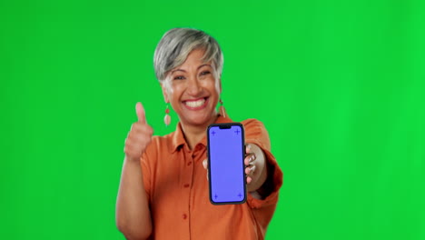 woman, phone and thumbs up with mockup on green