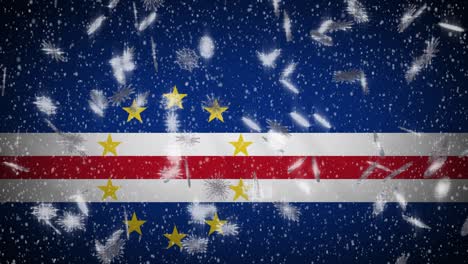 cape verde flag falling snow loopable, new year and christmas background, loop