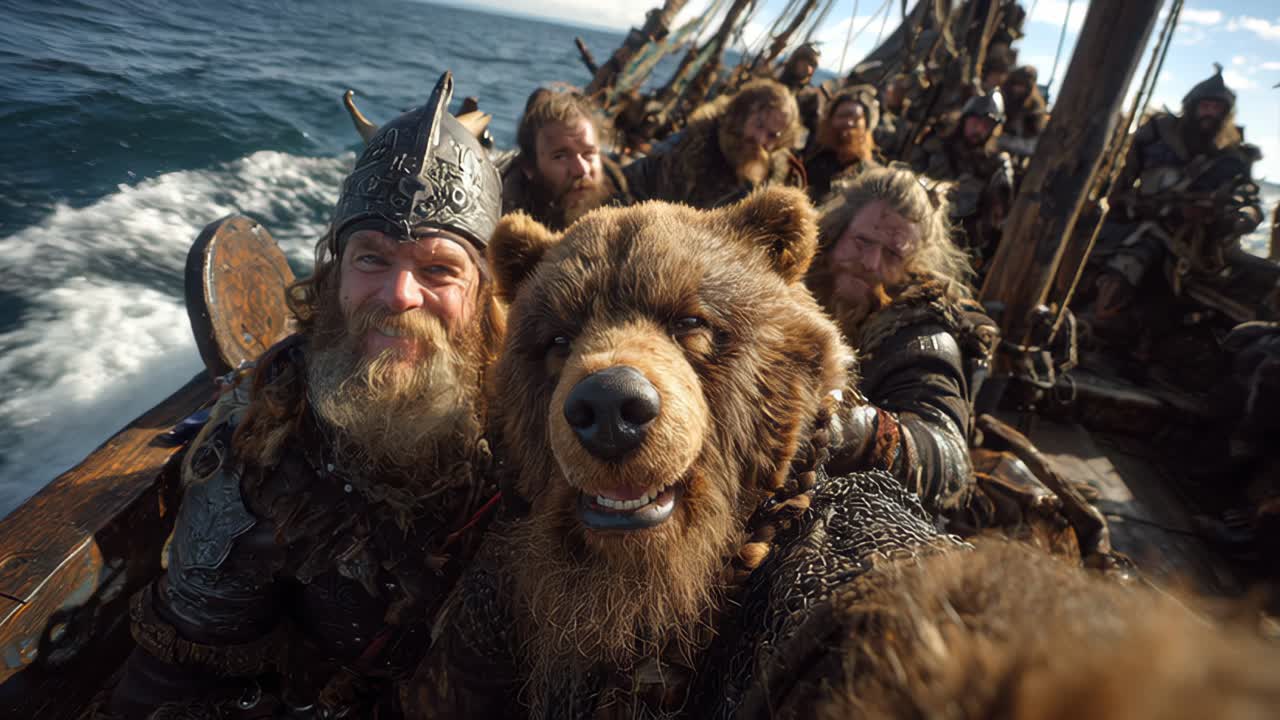 Viking enthusiasts in costume, sailing on wooden boat in ocean