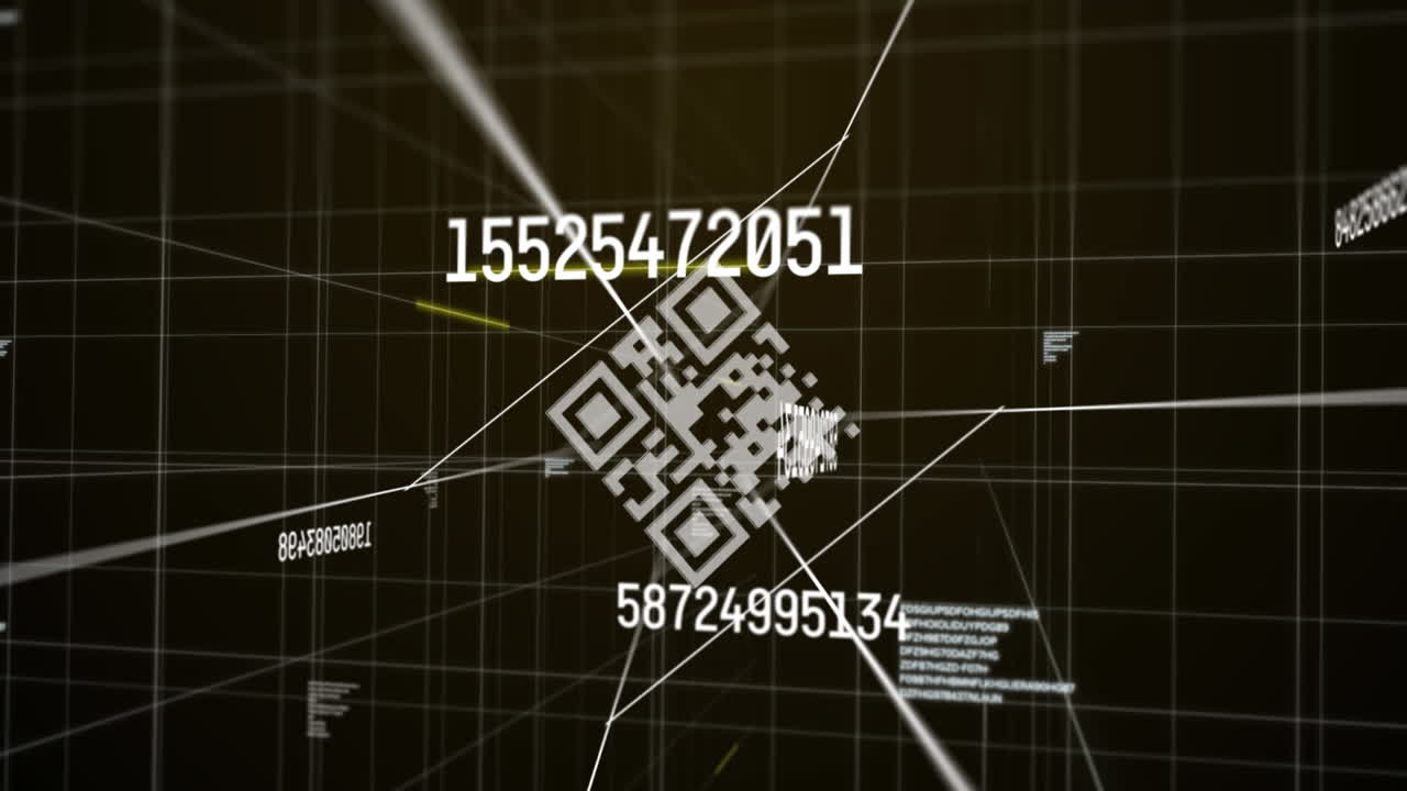 animación digital del escáner de código qr y el cambio de números a través de la red de cuadrícula contra un fondo marrón