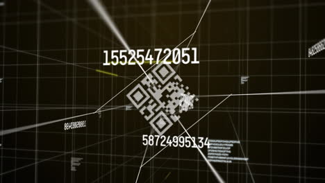 animación digital del escáner de código qr y el cambio de números a través de la red de cuadrícula contra un fondo marrón