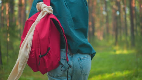 vista posterior de una mujer caminando por un bosque iluminado por el sol con una mochila roja envuelta en su hombro, ajustando la bolsa con una mano, rodeada de vegetación tranquila y luz solar filtrada