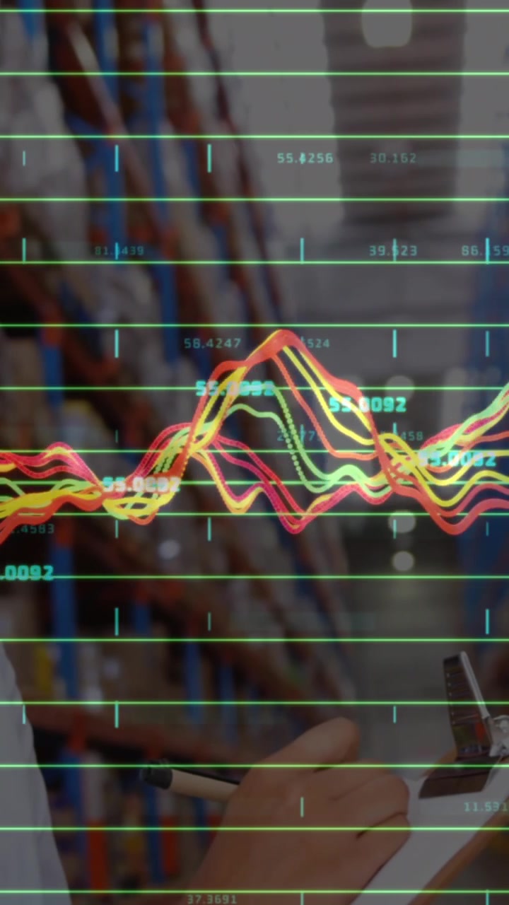 Animation of financial data processing over diverse business people in warehouse