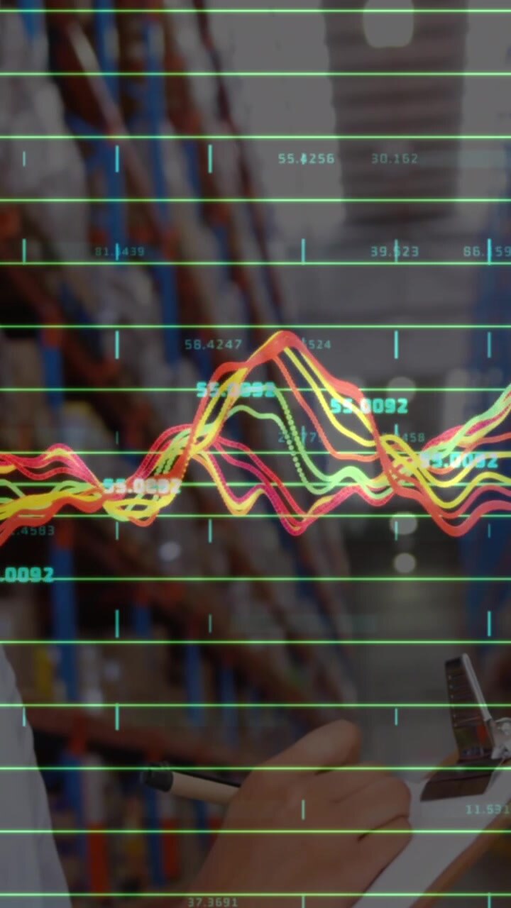 Animation of financial data processing over diverse business people in warehouse