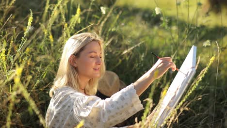 woman artist paints a picture in a summer park in sunlight hobby to paint pictures - woman artist paints a picture in a summer park in sunlight. hobby to paint pictures