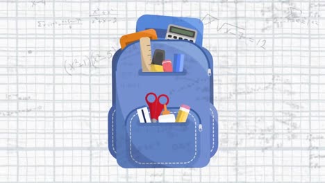 animación de dibujos matemáticos y fórmulas en la mochila sobre fondo blanco