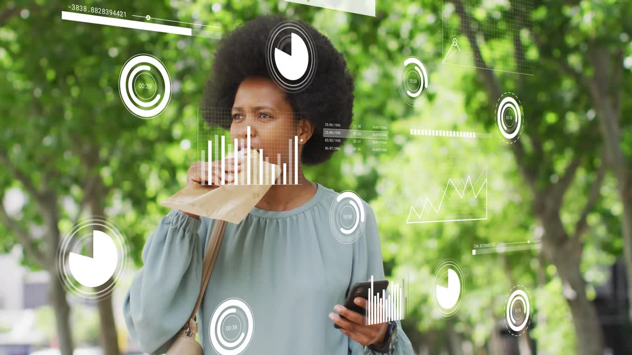 Woman walking park path, tapping smartphone and initiating health HUD while eating paper bag snack
