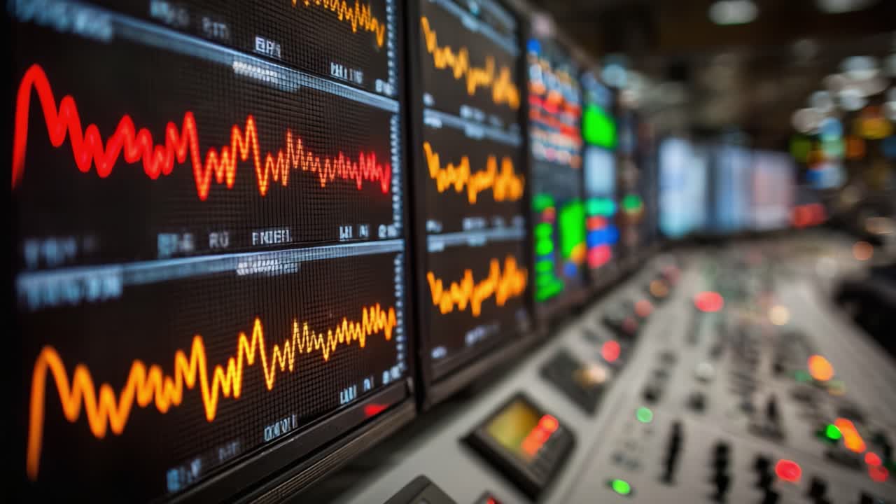 Visualizzazione Dinamica della Modulazione dei Dati su Pannelli di Controllo, con Grafici a Onde e Letture di Segnali in un Ambiente ad Alta Tecnologia