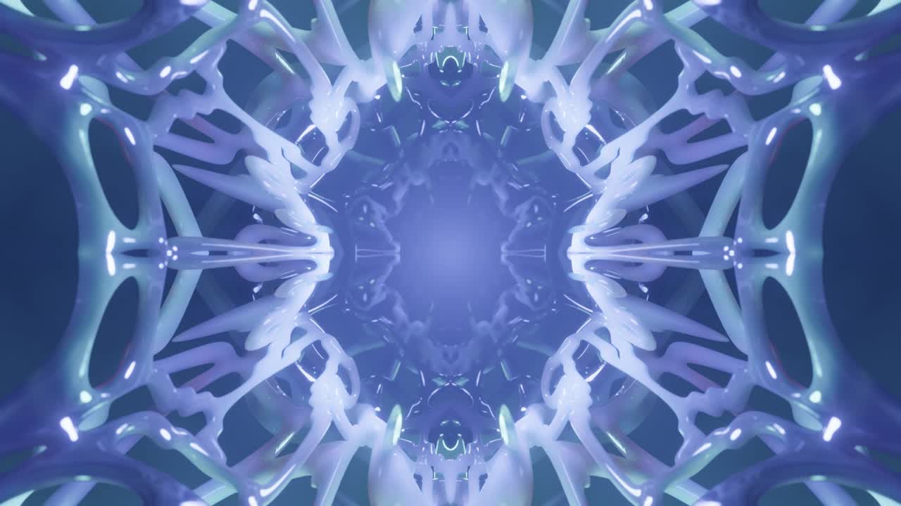 Flying through abstract neon symmetrical organic tunnel. Seamless loop 4k.