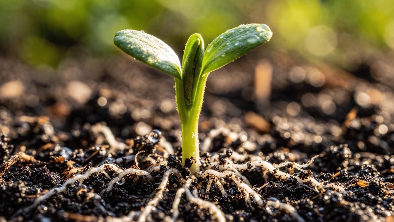 Una nuova piantina emerge: Catturando il viaggio della crescita dal seme al germoglio in un ambiente di terreno nutriente, che simboleggia il rinnovamento e la trasformazione della vita