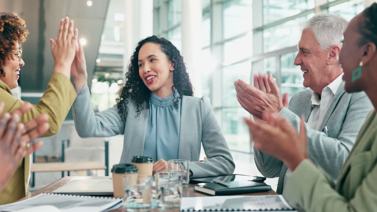 Business people, high five