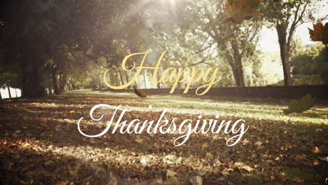 Happy-thanksgiving-text-over-multiple-maple-leaves-falling-against-forest-in-background