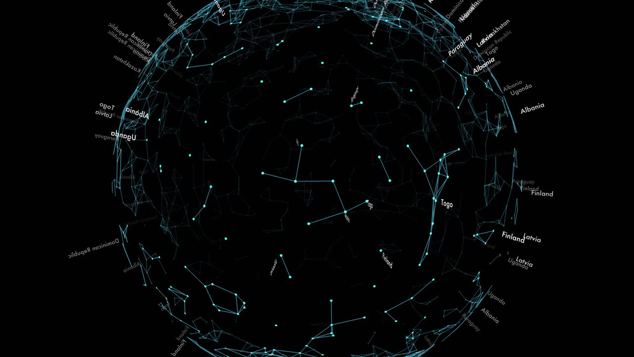 Glowing network of lines forming globe with country names. 3D globe made of connecting nodes and moving lines