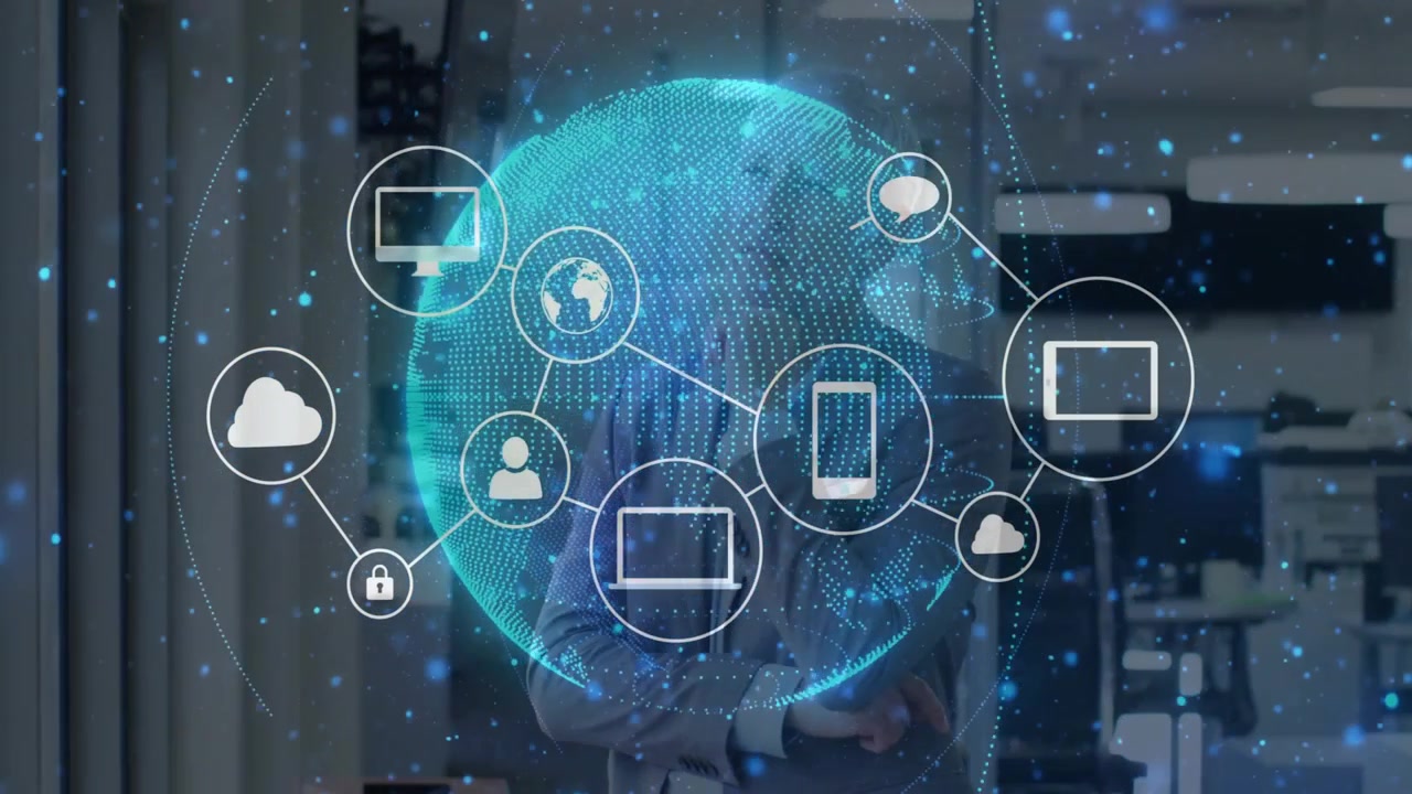 Mature male tech pro observing globe forming, cloud lock and avatar icons linking secure network