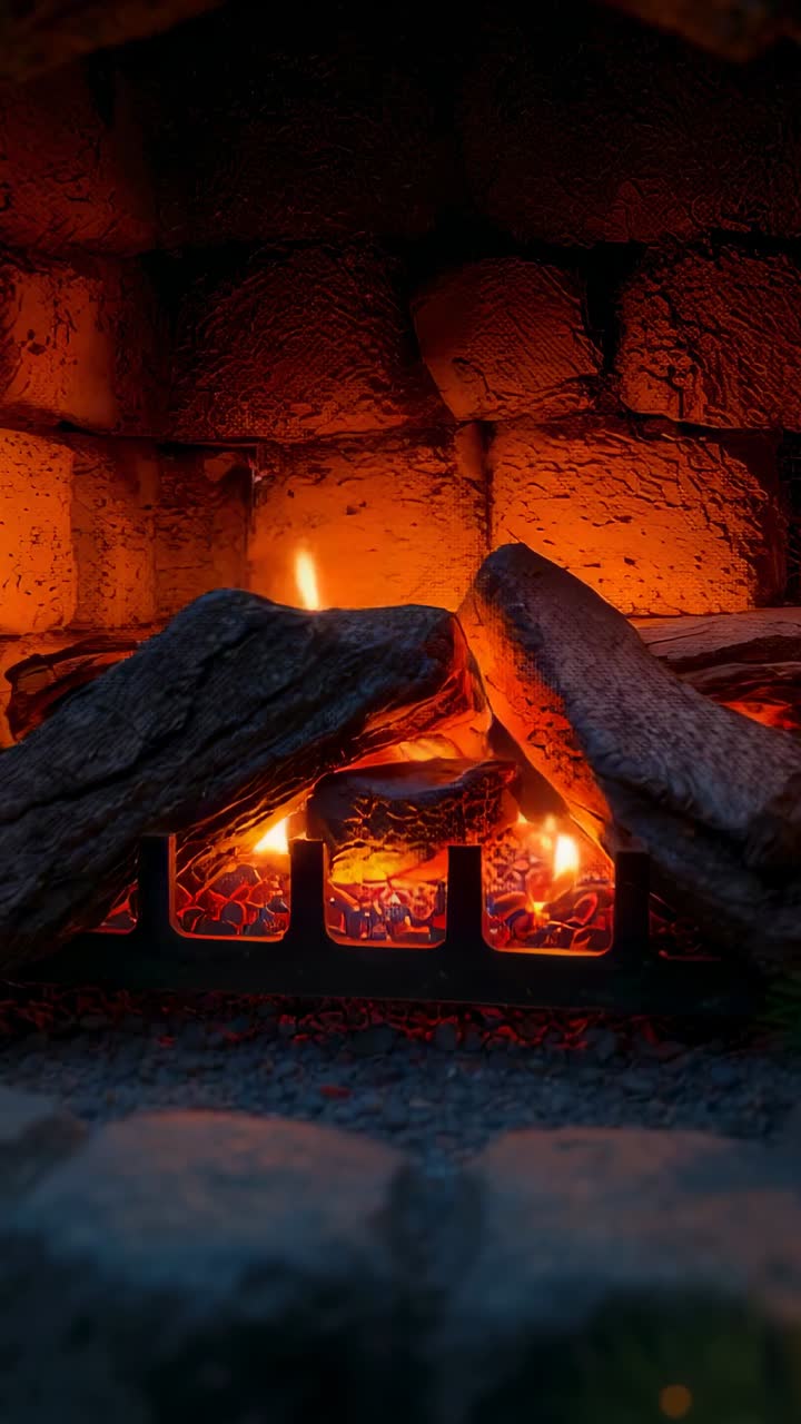 Vertical video: Embers sparking, fueling flames warming two logs on metal grate in brick hearth