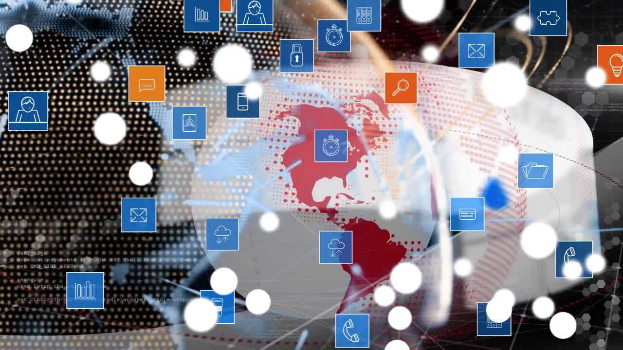 전 세계에 걸쳐 디지털 아이콘으로 연결된 네트워크의 애니메이션