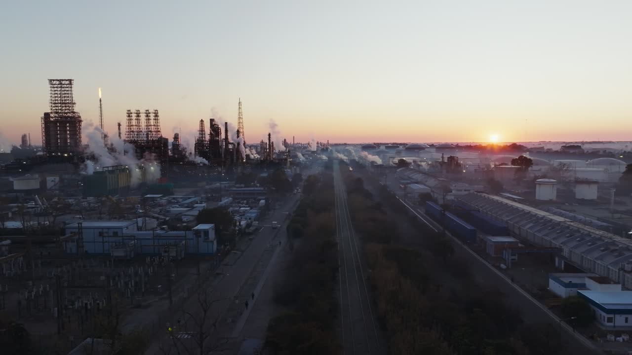 oil and gas facility and energy plant at sunset, industrial landscape, calm mood