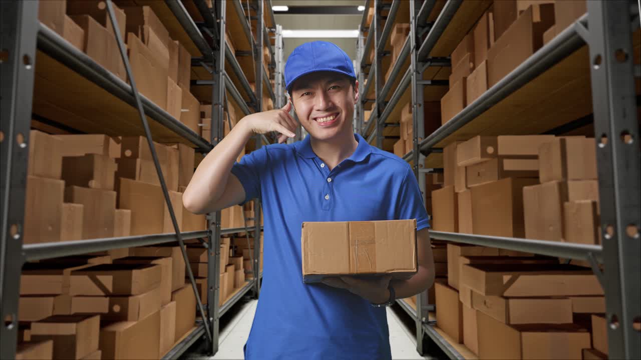 mensajero masculino asiático en uniforme azul mostrando llamarme gesto y sonriendo mientras entrega una caja en el almacén