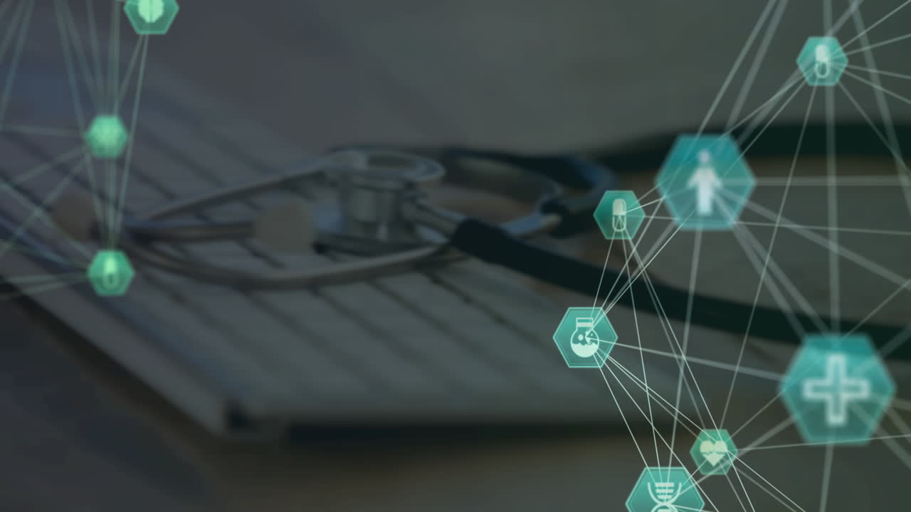 animación de redes de conexiones que giran sobre el estetoscopio en el teclado de la computadora