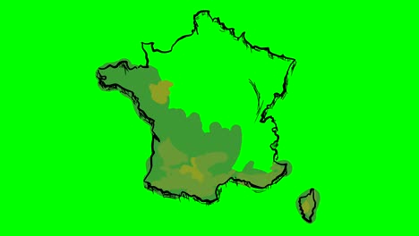 france drawing colored map on green screen isolated whiteboard