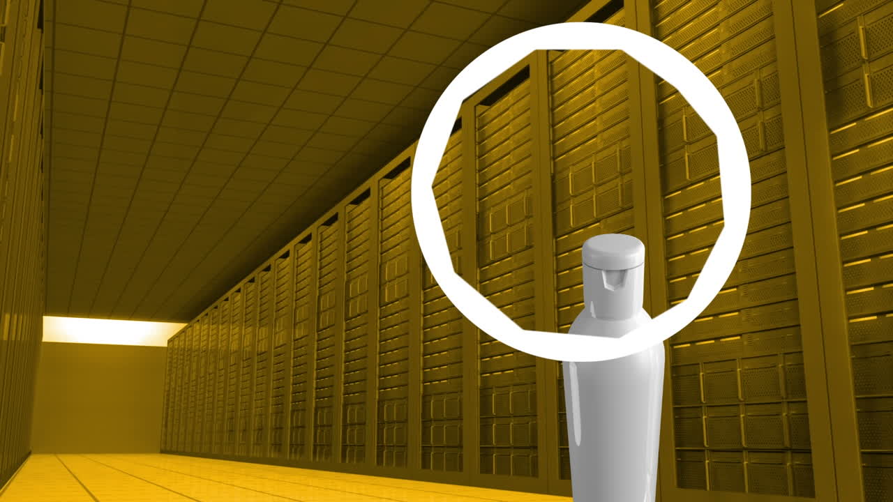 animación de formas blancas sobre el contenedor de crema y la sala de servidores