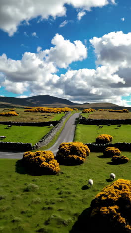 scenic rural irish landscape with road, fields, and sheep