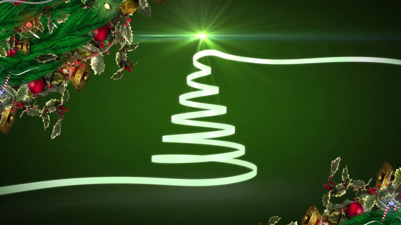 Animation of christmas wreaths and tree on green background