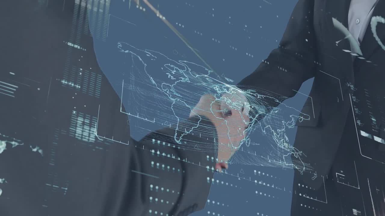 카우카스계 사업가들이 손을 흔들고 있는 금융 데이터 처리 애니메이션