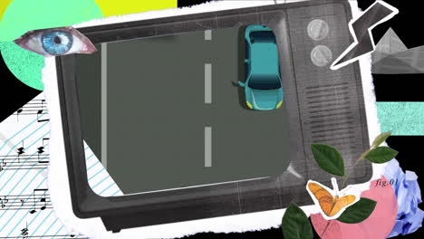 animación de iconos parpadeando sobre la pantalla de televisión con el juego de carreras de coches en el fondo