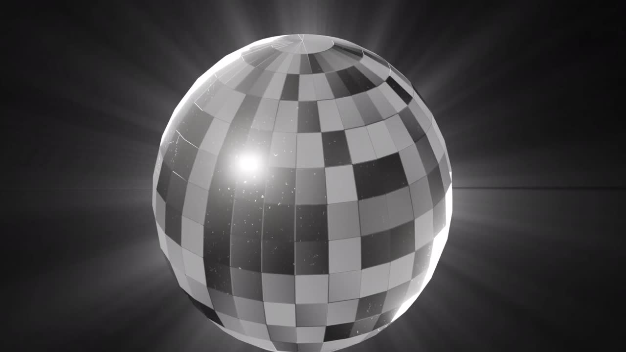 Animation of monochrome rotating mirrorball and lights on black background