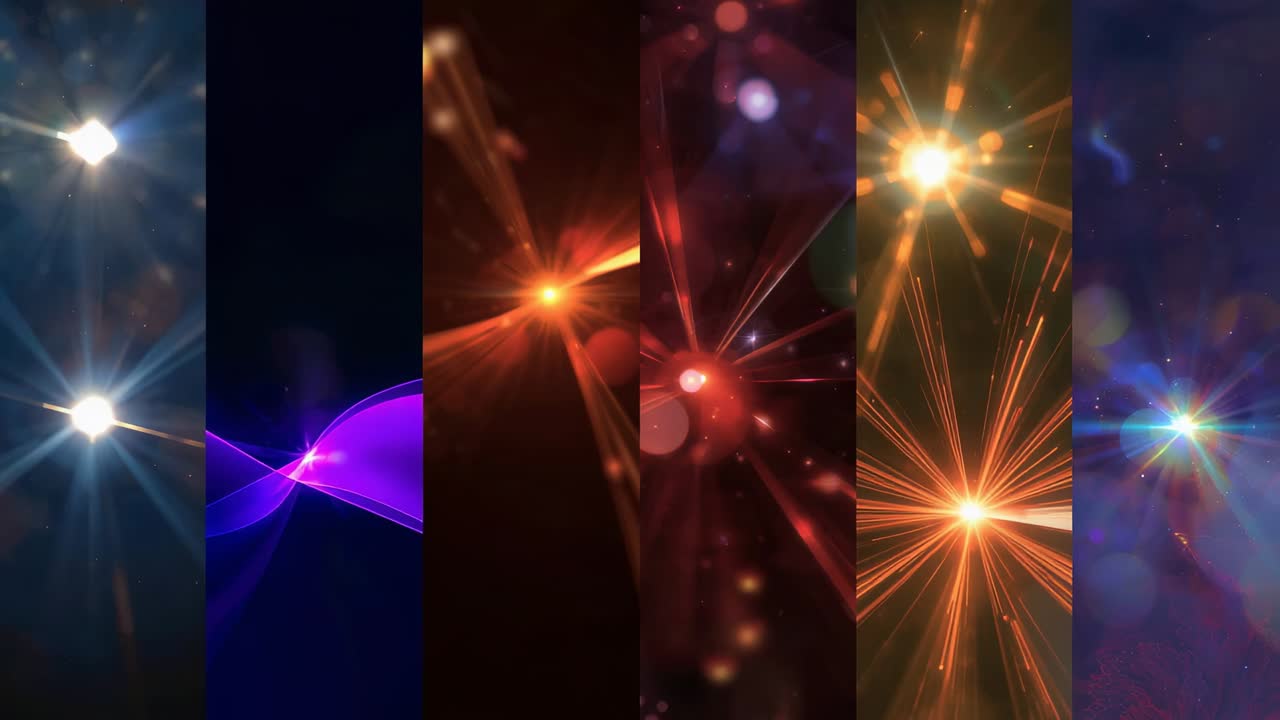 Playback starting five panels pulsing and shifting with starbursts on dark backdrop looping