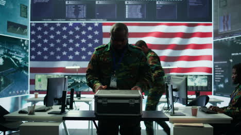 us military personnel work in a modern army command post