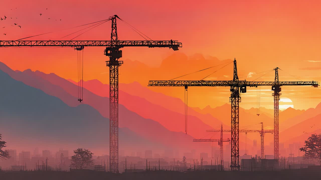 Silhouettes of Construction Cranes Against a Vibrant Sunset: Capturing the Essence of Urban Development and Architectural Progress in a Dusk Skyline