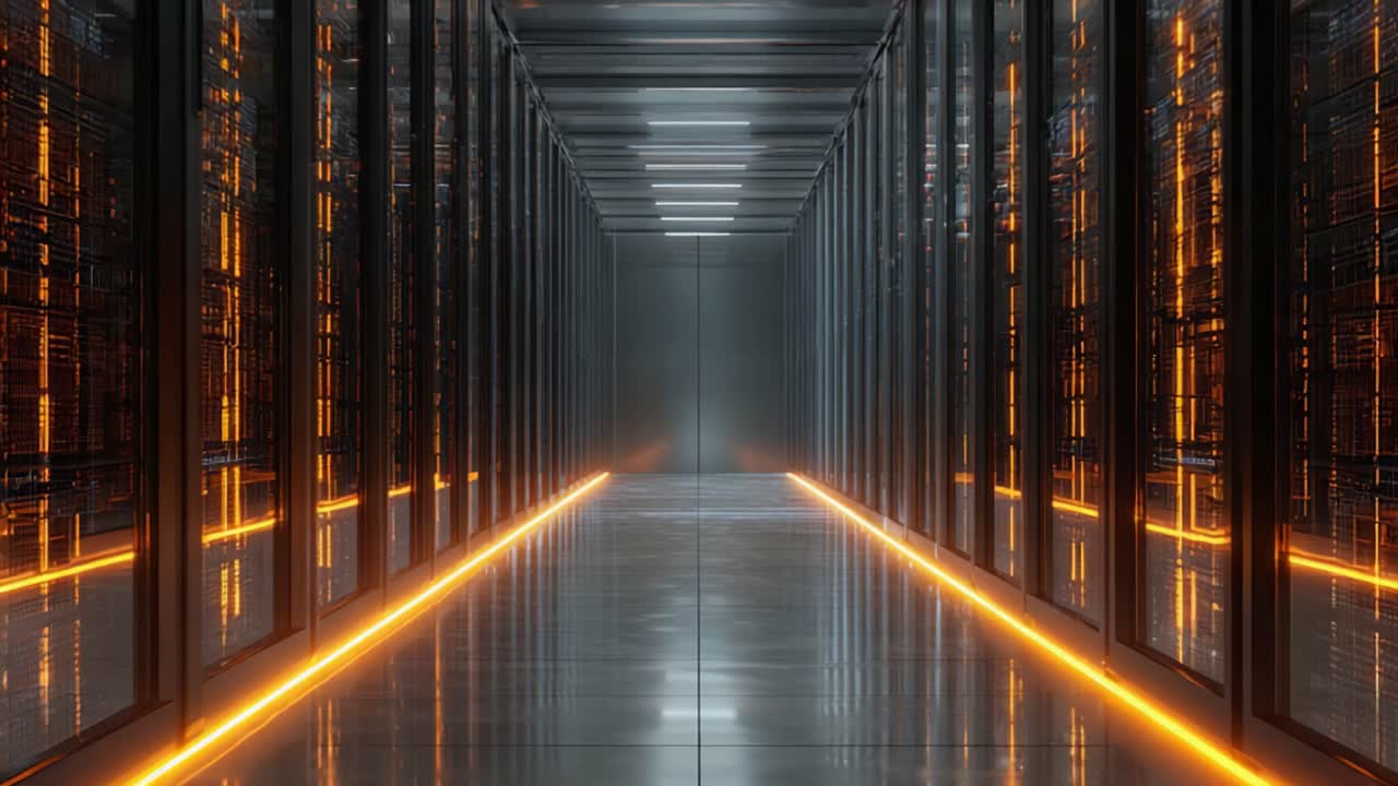 En højteknologisk datacenterkorridor med elegante, glasbeklædte serverreoler oplyst af et varmt orange skær, der fremviser banebrydende teknologi og moderne design.
