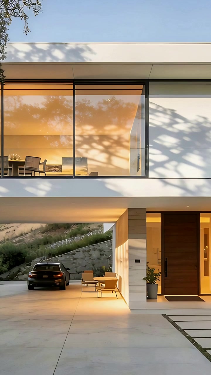 Vídeo vertical: Sol em movimento projetando sombra sobre casa moderna na encosta, com vidro e sedã estacionado