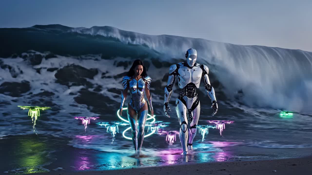 Futuristic Robot and Woman on a Beach