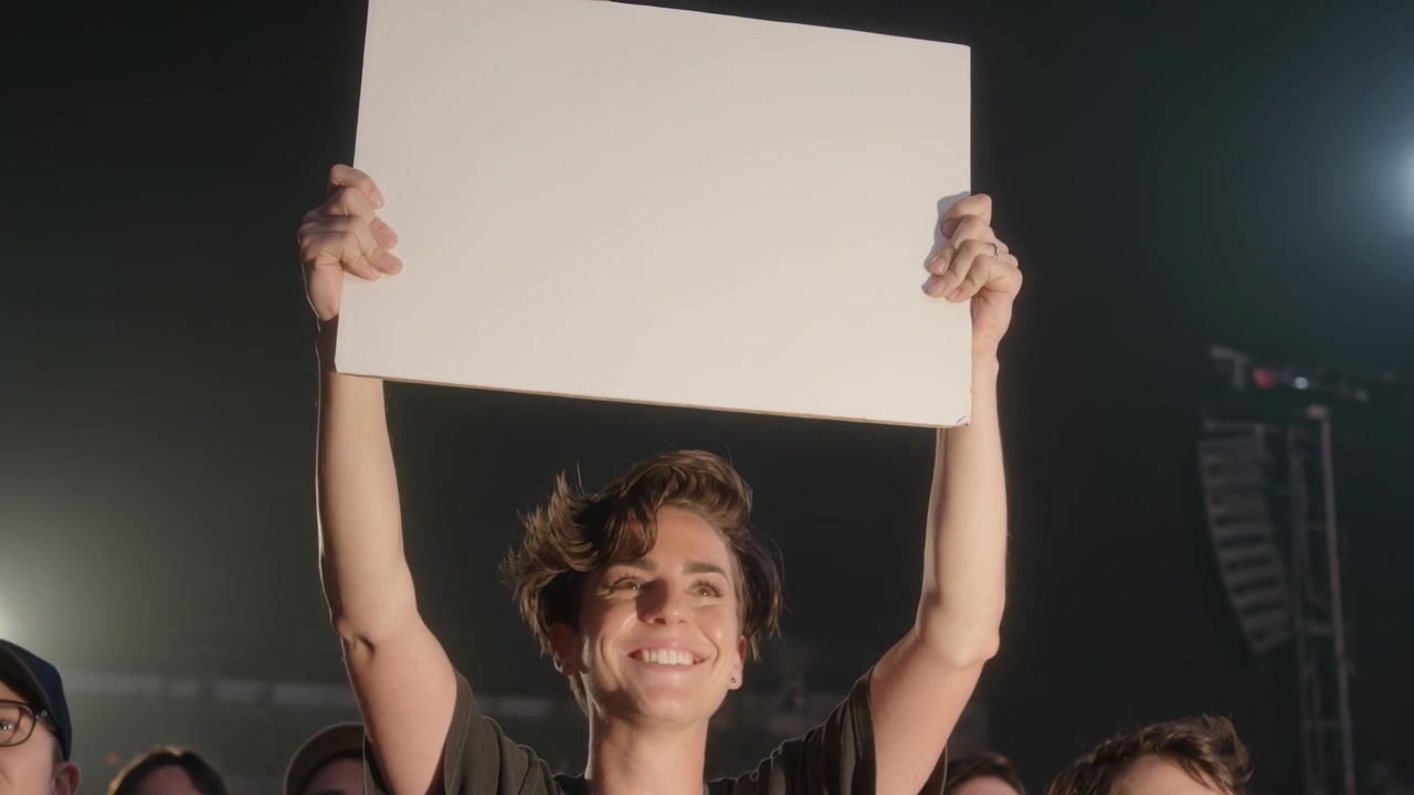 Un adolescente maschio alza un cartello sopra la testa a un concerto notturno mentre la musica inizia, con le luci del palco visibili.