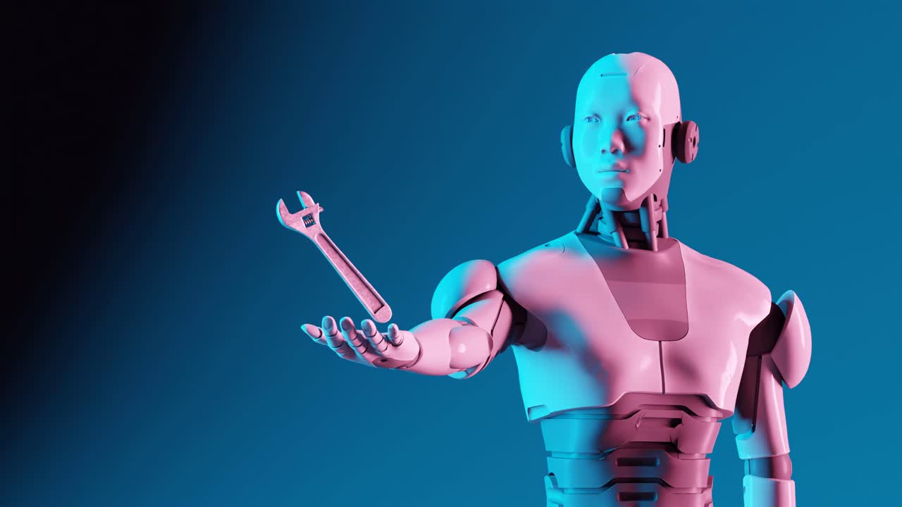 robot 3d con una llave inglesa, flotando y girando, iluminación cinemática naranja y azul azul, renderización 3d