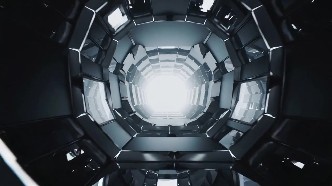 Telecamera che si avvia e si muove in un tunnel metallico segmentato con nervature, specchi, un'uscita luminosa e particelle.